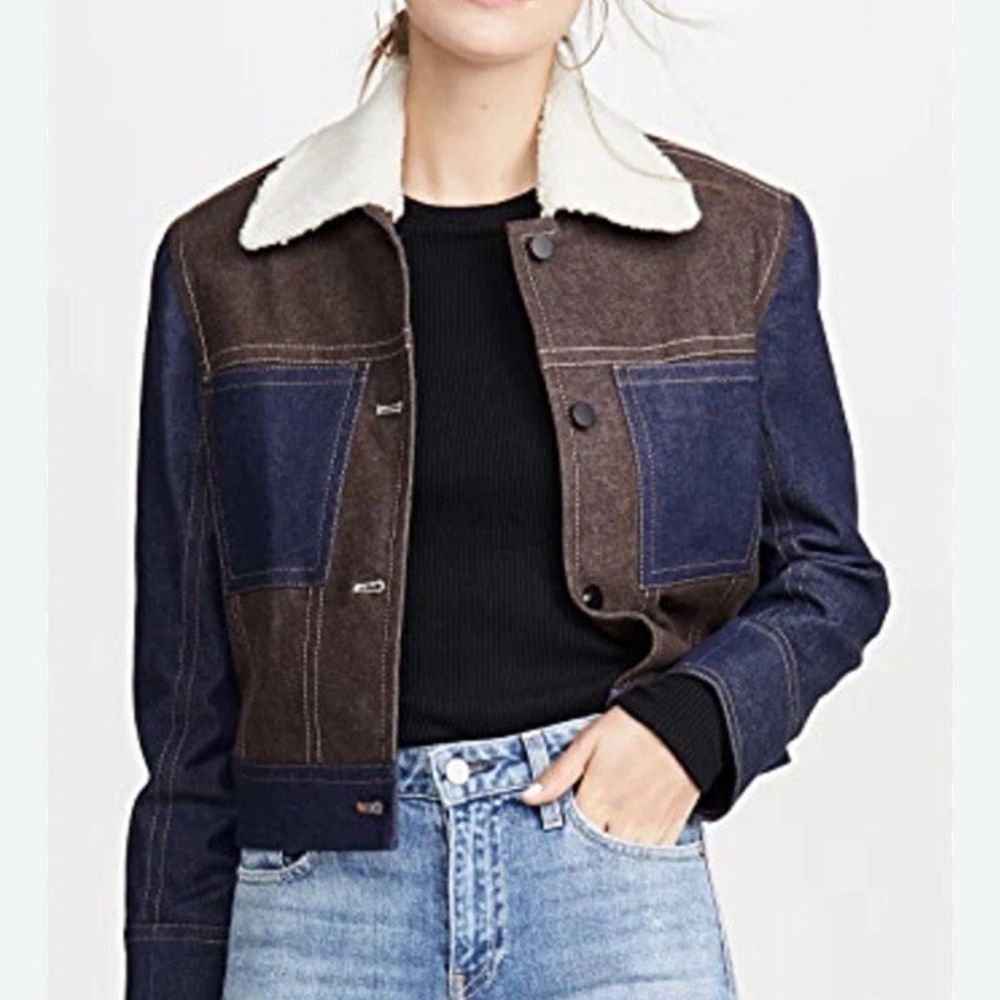 Chic Denim and Brown Jean Jacket with Shearling Collar